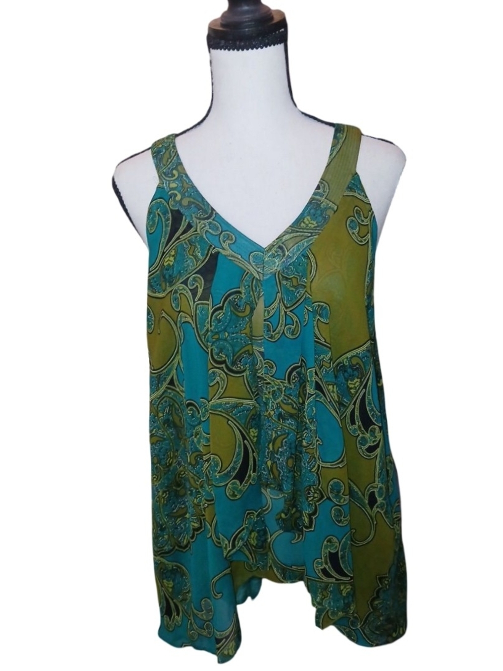 Apt. 9 Teal & Olive V-Neck Sleeveless Printed Tunic